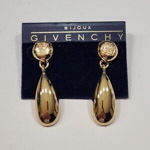 NWT Vintage 80s Bijoux by Givenchy Goldtone Logo Dangle Drop Pierced Earrings